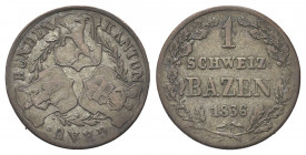 SVIZZERA
Cantone dei Grigioni Graubunden.
Batzen 1836.
Mi gr. 2,67
Dr. Tre scudi accostati; tra essi, rami di alloro.
Rv. Valore e data tra due r...