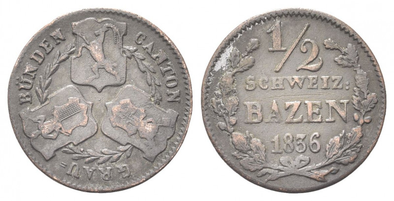 SVIZZERA
Cantone dei Grigioni Graubunden.
1/2 Batzen 1836.
Mi gr. 1,98
Dr. T...