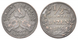 SVIZZERA
Cantone dei Grigioni Graubunden.
1/2 Batzen 1836.
Mi gr. 1,98
Dr. Tre scudi accostati; tra essi, rami di alloro.
Rv. Valore e data tra d...