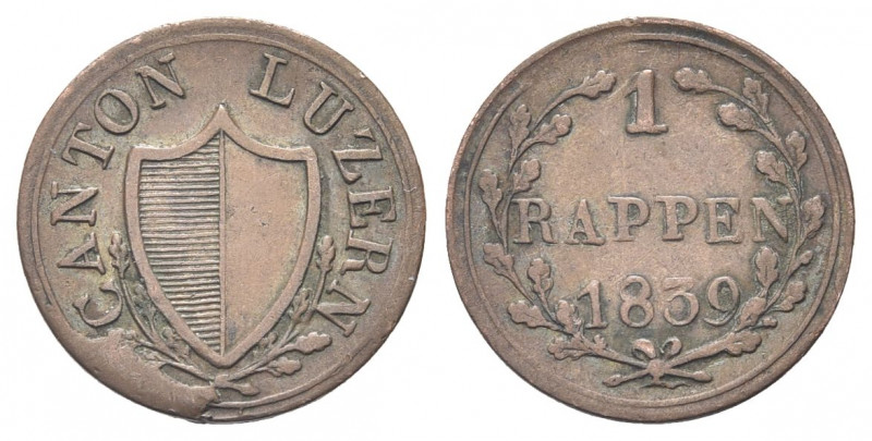 SVIZZERA
Cantone di Lucerna. 
Rappen 1839.
Æ gr. 1,19
Dr. Stemma tra rami di...