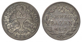 SVIZZERA
Cantone dei Grigioni Graubunden.
1/2 Batzen 1842.
Mi gr. 2,09
Dr. Tre scudi accostati; tra essi, rami di alloro.
Rv. Valore e data tra d...