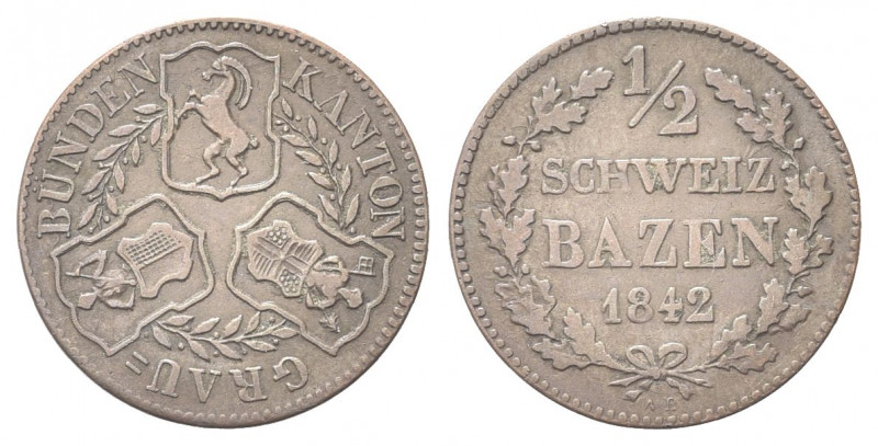 SVIZZERA
Cantone dei Grigioni Graubunden.
1/2 Batzen 1842.
Mi gr. 1,97
Dr. T...
