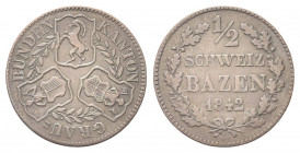 SVIZZERA
Cantone dei Grigioni Graubunden.
1/2 Batzen 1842.
Mi gr. 1,97
Dr. Tre scudi accostati; tra essi, rami di alloro.
Rv. Valore e data tra d...