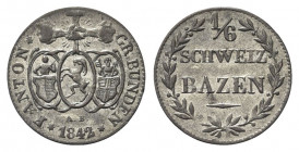 SVIZZERA
Cantone dei Grigioni Graubunden.
1/6 Batzen 1842.
Mi gr. 0,76
Dr. Tre scudi accostati; tra essi, rami di alloro.
Rv. Valore e data tra d...