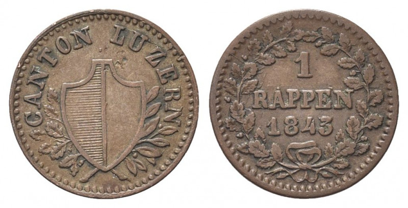 SVIZZERA
Cantone di Lucerna. 
Rappen 1843.
Æ gr. 1,22
Dr. Stemma tra rami di...