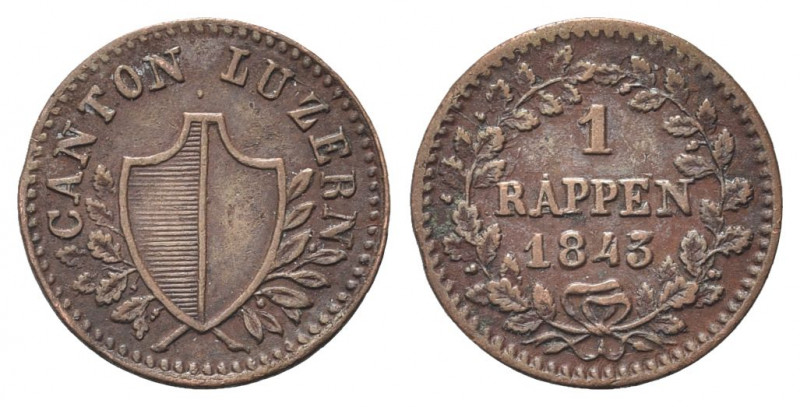 SVIZZERA
Cantone di Lucerna. 
Rappen 1843.
Æ gr. 1,13
Dr. Stemma tra rami di...