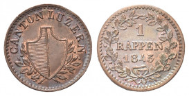 SVIZZERA
Cantone di Lucerna. 
Rappen 1843.
Æ gr. 1,29
Dr. Stemma tra rami di lauro e di quercia.
Rv. Valore e data tra due rami di quercia.
KM#1...