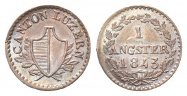 SVIZZERA
Cantone di Lucerna. 
Angster 1843.
Æ gr. 0,58
Dr. Stemma tra rami di lauro e di quercia.
Rv. Valore e data tra due rami di quercia.
KM#...
