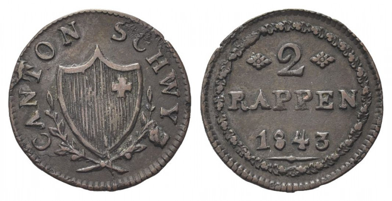 SVIZZERA
Cantone di Schwyz.
2 Rappen 1843.
Æ gr. 1,23
Dr. Stemma tra rami di...