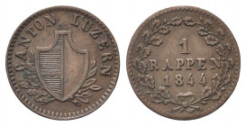 SVIZZERA
Cantone di Lucerna. 
Rappen 1844.
Æ gr. 1,18
Dr. Stemma tra rami di lauro e di quercia.
Rv. Valore e data tra due rami di quercia.
KM#1...
