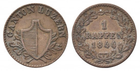 SVIZZERA
Cantone di Lucerna. 
Rappen 1844.
Æ gr. 1,22
Dr. Stemma tra rami di lauro e di quercia.
Rv. Valore e data tra due rami di quercia.
KM#1...