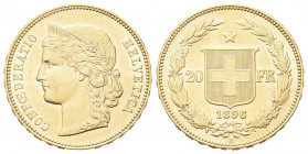 SVIZZERA
Confederazione Elvetica, dal 1848.
20 Franchi 1896.
Au gr. 6,44
Dr. Testa muliebre a s.
Rv. Stemma con Croce svizzera; ai lati, valore, ...