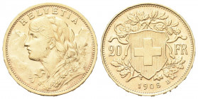 SVIZZERA
Confederazione Elvetica, dal 1848.
20 Franchi 1908 B.
Au gr. 6,43
Dr. Busto muliebre a s.; sullo sfondo, veduta rocciosa.
Rv. Scudo con ...