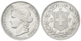 SVIZZERA
Confederazione Elvetica, dal 1848.
5 Franchi 1890, Berna.
Ag gr. 24,85
.Dr. Testa diademata a s.
Rv. Stemma tra ramo di quercia e alloro...