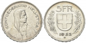 SVIZZERA
Confederazione Elvetica, dal 1848.
5 Franchi 1952, Berna.
Ag gr. 14,95
Dr. CONFOEDERATIO HELVETICA. Profilo maschile (Guglielmo Tell ?) a...