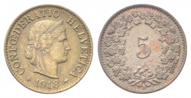 SVIZZERA
Confederazione Elvetica, dal 1848.
5 Rappen 1918 B.
Æ gr. 1,98
Dr. Testa di Elvezia a d.
Rv. Valore entro corona di vite.
KM# 26a.
SPL...