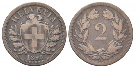 SVIZZERA
Confederazione Elvetica, dal 1848.
2 Rappen 1850 A.
Æ gr. 2,34
Dr. Scudo con croce Elvetica tra rami di alloro e quercia; sotto, data.
R...