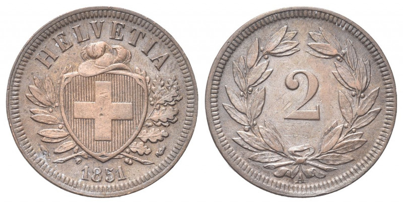 SVIZZERA
Confederazione Elvetica, dal 1848.
2 Rappen 1851 A.
Æ gr. 2,45
Dr. ...