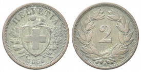 SVIZZERA
Confederazione Elvetica, dal 1848.
2 Rappen 1866 B.
Æ gr. 2,39
Dr. Scudo con croce Elvetica tra rami di alloro e quercia; sotto, data.
R...