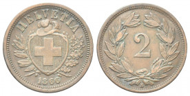 SVIZZERA
Confederazione Elvetica, dal 1848.
2 Rappen 1866 B.
Æ gr. 2,45
Dr. Scudo con croce Elvetica tra rami di alloro e quercia; sotto, data.
R...