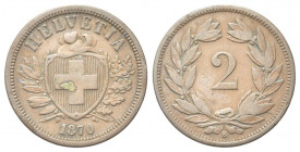 SVIZZERA
Confederazione Elvetica, dal 1848.
2 Rappen 1870 B.
Æ gr. 2,43
Dr. Scudo con croce Elvetica tra rami di alloro e quercia; sotto, data.
R...