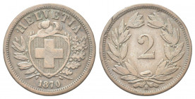 SVIZZERA
Confederazione Elvetica, dal 1848.
2 Rappen 1870 B.
Æ gr. 2,43
Dr. Scudo con croce Elvetica tra rami di alloro e quercia; sotto, data.
R...