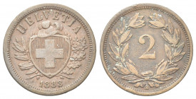 SVIZZERA
Confederazione Elvetica, dal 1848.
2 Rappen 1883 B.
Æ gr. 2,40
Dr. Scudo con croce Elvetica tra rami di alloro e quercia; sotto, data.
R...