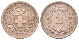 SVIZZERA
Confederazione Elvetica, dal 1848.
2 Rappen 1883 B.
Æ gr. 2,44
Dr. Scudo con croce Elvetica tra rami di alloro e quercia; sotto, data.
R...