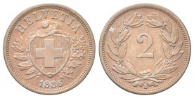 SVIZZERA
Confederazione Elvetica, dal 1848.
2 Rappen 1886 B.
Æ gr. 2,49
Dr. Scudo con croce Elvetica tra rami di alloro e quercia; sotto, data.
R...