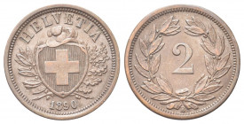 SVIZZERA
Confederazione Elvetica, dal 1848.
2 Rappen 1890 B.
Æ gr. 2,48
Dr. Scudo con croce Elvetica tra rami di alloro e quercia; sotto, data.
R...