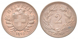 SVIZZERA
Confederazione Elvetica, dal 1848.
2 Rappen 1893 B.
Æ gr. 2,48
Dr. Scudo con croce Elvetica tra rami di alloro e quercia; sotto, data.
R...