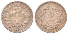 SVIZZERA
Confederazione Elvetica, dal 1848.
2 Rappen 1893 B.
Æ gr. 2,43
Dr. Scudo con croce Elvetica tra rami di alloro e quercia; sotto, data.
R...