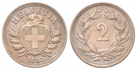 SVIZZERA
Confederazione Elvetica, dal 1848.
2 Rappen 1893 B.
Æ gr. 2,51
Dr. Scudo con croce Elvetica tra rami di alloro e quercia; sotto, data.
R...