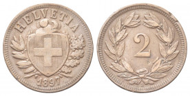 SVIZZERA
Confederazione Elvetica, dal 1848.
2 Rappen 1897 B.
Æ gr. 2,43
Dr. Scudo con croce Elvetica tra rami di alloro e quercia; sotto, data.
R...