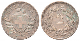 SVIZZERA
Confederazione Elvetica, dal 1848.
2 Rappen 1898 B.
Æ gr. 2,47
Dr. Scudo con croce Elvetica tra rami di alloro e quercia; sotto, data.
R...