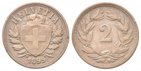 SVIZZERA
Confederazione Elvetica, dal 1848.
2 Rappen 1899 B.
Æ gr. 2,47
Dr. Scudo con croce Elvetica tra rami di alloro e quercia; sotto, data.
R...