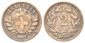 SVIZZERA
Confederazione Elvetica, dal 1848.
2 Rappen 1902 B.
Æ gr. 2,47
Dr. Scudo con croce Elvetica tra rami di alloro e quercia; sotto, data.
R...