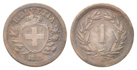 SVIZZERA
Confederazione Elvetica, dal 1848.
Rappen 1851 A.
Æ gr. 1,36
Dr. Scudo con croce Elvetica tra rami di alloro e quercia; sotto, data.
Rv....