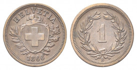SVIZZERA
Confederazione Elvetica, dal 1848.
Rappen 1866 B.
Æ gr. 1,54
Dr. Scudo con croce Elvetica tra rami di alloro e quercia; sotto, data.
Rv....