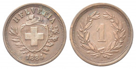 SVIZZERA
Confederazione Elvetica, dal 1848.
Rappen 1884 B.
Æ gr. 1,51
Dr. Scudo con croce Elvetica tra rami di alloro e quercia; sotto, data.
Rv....
