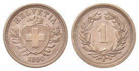 SVIZZERA
Confederazione Elvetica, dal 1848.
Rappen 1890 B.
Æ gr. 1,48
Dr. Scudo con croce Elvetica tra rami di alloro e quercia; sotto, data.
Rv....