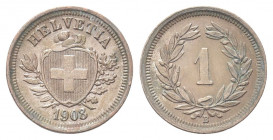SVIZZERA
Confederazione Elvetica, dal 1848.
Rappen 1908 B.
Æ gr. 1,44
Dr. Scudo con croce Elvetica tra rami di alloro e quercia; sotto, data.
Rv....
