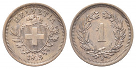 SVIZZERA
Confederazione Elvetica, dal 1848.
Rappen 1913 B.
Æ gr. 1,48
Dr. Scudo con croce Elvetica tra rami di alloro e quercia; sotto, data.
Rv....