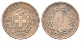 SVIZZERA
Confederazione Elvetica, dal 1848.
Rappen 1918 B.
Æ gr. 1,49
Dr. Scudo con croce Elvetica tra rami di alloro e quercia; sotto, data.
Rv....