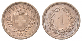 SVIZZERA
Confederazione Elvetica, dal 1848.
Rappen 1919 B.
Æ gr. 1,50
Dr. Scudo con croce Elvetica tra rami di alloro e quercia; sotto, data.
Rv....