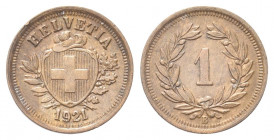 SVIZZERA
Confederazione Elvetica, dal 1848.
Rappen 1921 B.
Æ gr. 1,49
Dr. Scudo con croce Elvetica tra rami di alloro e quercia; sotto, data.
Rv....