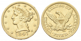 USA
Federazione.
5 Dollari 1847, zecca di Philadephia. 
Au gr. 8,29
Dr. Testa diademata a s.
Rv. Aquila, con ali spiegate, stante verso s.
Fried...