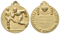 ROMA
Ventennio Fascista, dal 1923 al 1943.
Medaglia 1937 a. XV, Federazione Italiana Rugby.
Ag dorato gr. 21,73 mm. 35
Dr. Giocatori di rugby.
Rv...