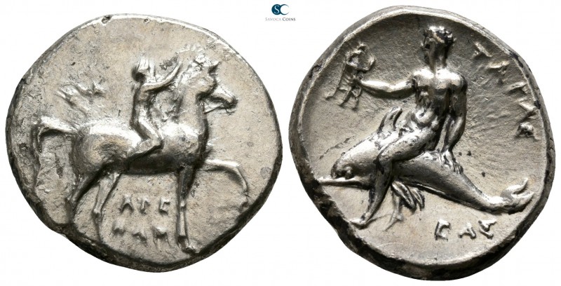Calabria. Tarentum circa 281-272 BC. 
Nomos AR

20mm., 7,68g.

Nude youth o...