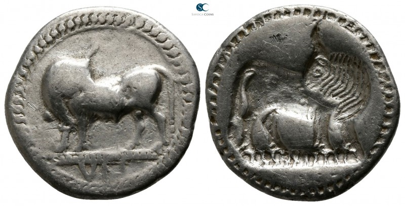 Lucania. Sybaris 530-510 BC. 
Drachm AR

17mm., 3,12g.

Bull standing left,...